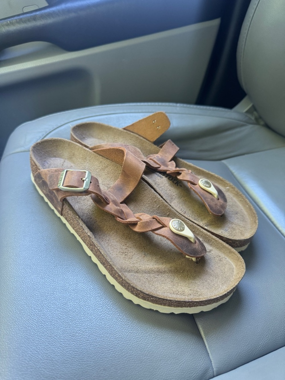 Birkenstock Brown Braided Leather Thong Sandals with Buckle (gizeh)
